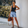 FJØRNA women's lightweight summer denim high waist overalls, casual shorts with adjustable straps and front pockets.