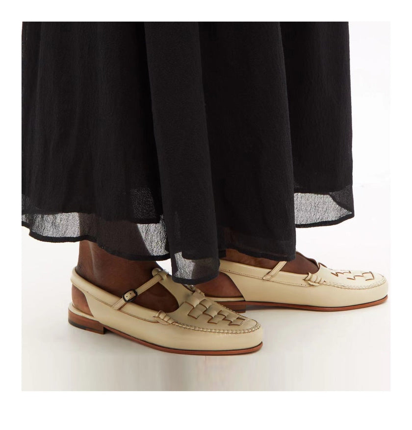 FJØRNA brown Italian leather woven slingback sandals for women with open toe and adjustable strap.
