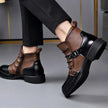 Ankle Boots Leather Side Zip Buckle Strap Layered Fold Winter Boots | Ines