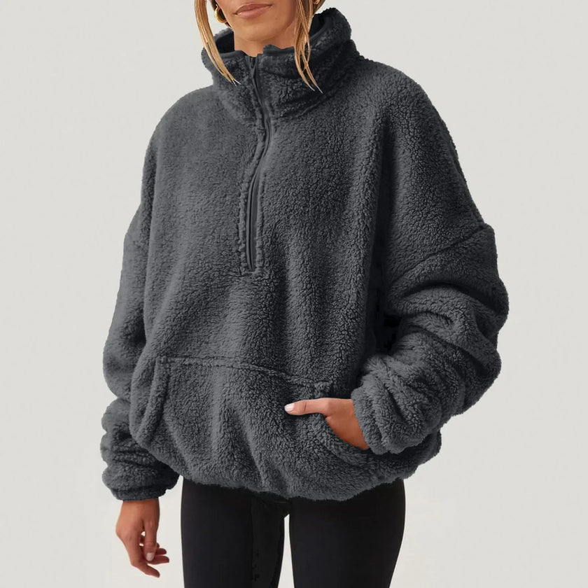 Plush Sweater Women Half Zip High Collar Relaxed Fit