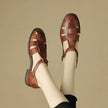 FJØRNA women's Italian leather adjustable strap brown sandals with cushioned soles, stylish and comfortable for summer wear.