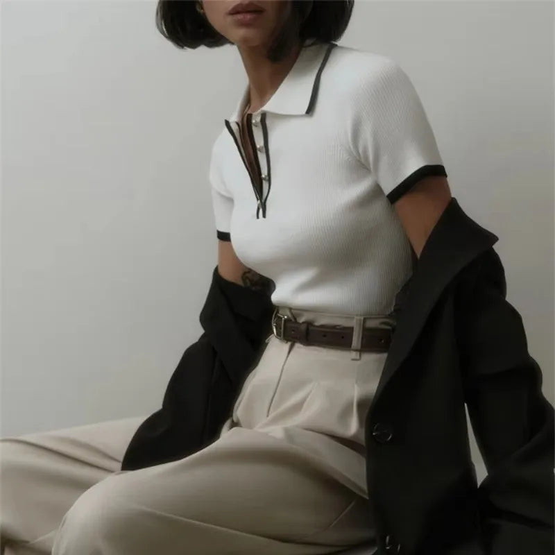 Black FJØRNA women's cotton polo top, classic polo shirt with a collar and short sleeves, casual and stylish women's tops.