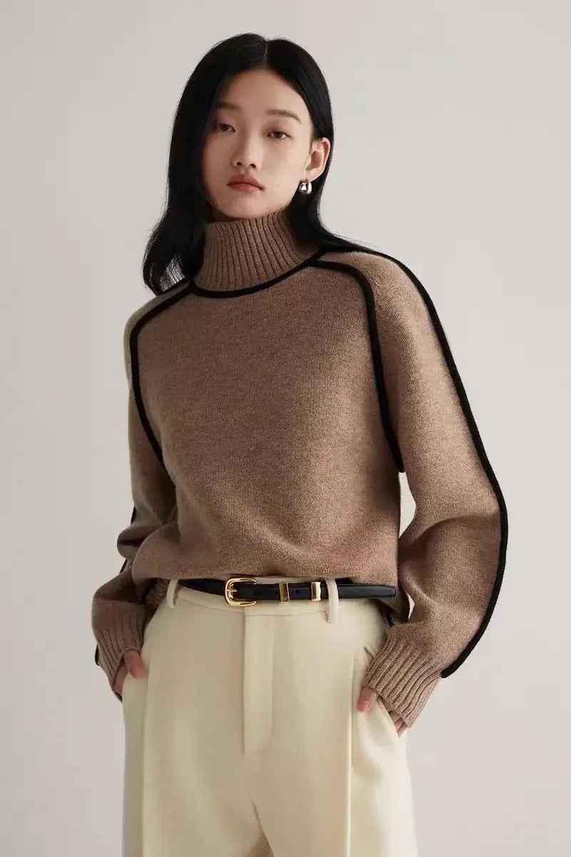 Turtleneck Sweater Women Contrast Seam Relaxed Fit