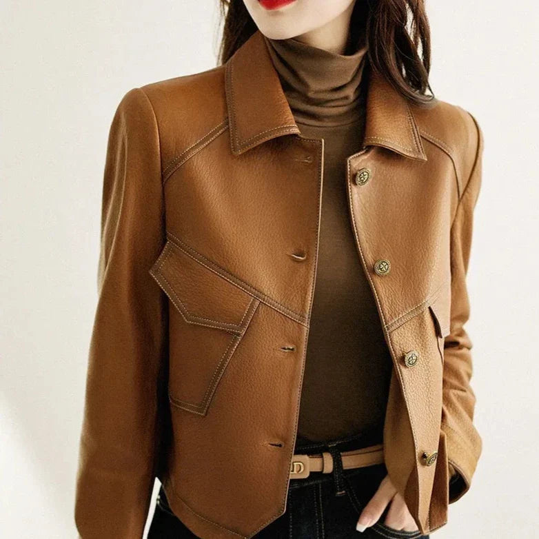 Faux Leather Jacket Women Utility Turn-Down Collar
