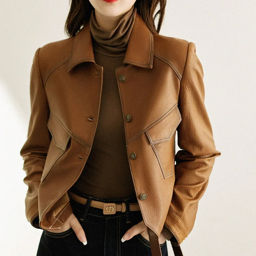 Faux Leather Jacket Women Utility Turn-Down Collar