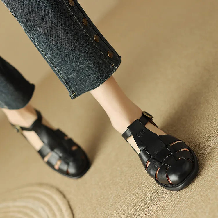 FJØRNA women's Italian leather adjustable strap brown sandals with open toe and block heel, stylish and comfortable footwear.