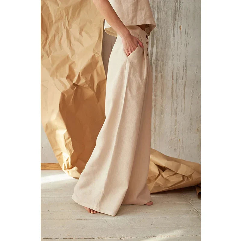 FJØRNA women's knit wide-leg trousers with elastic waist, soft fabric, and relaxed fit, perfect for casual and stylish wear.