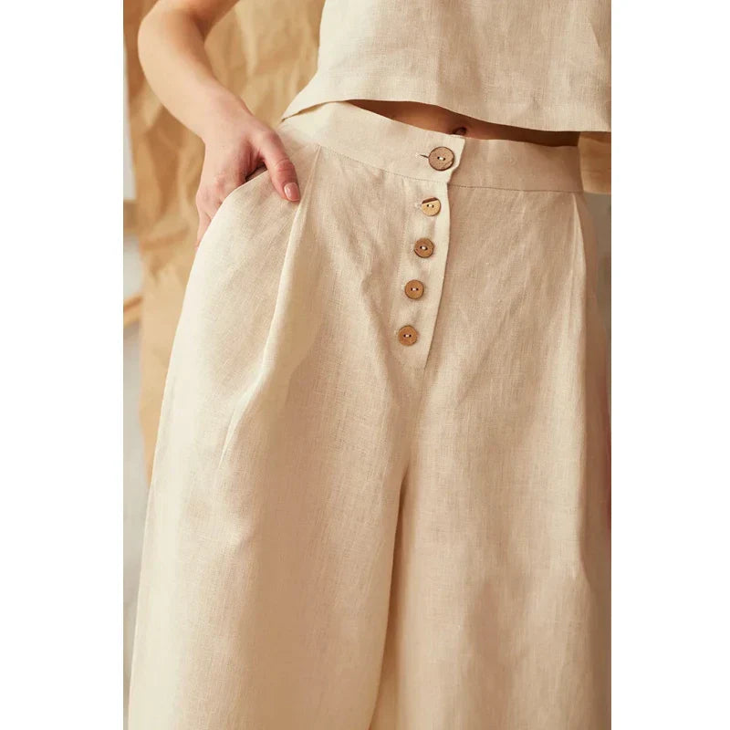 FJØRNA women's knit wide-leg trousers with elastic waist, soft and comfortable pants for casual or stylish wear.