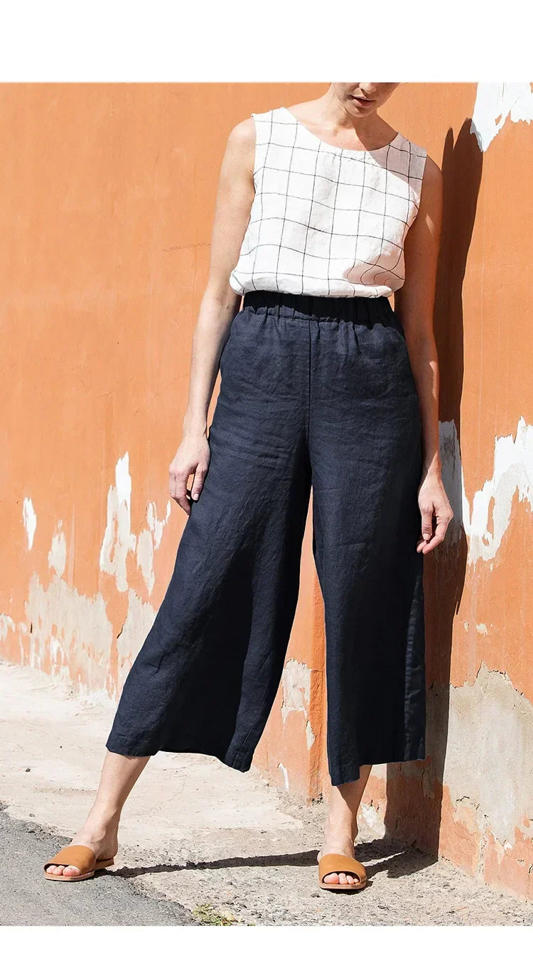 FJØRNA women's linen wide-leg trousers with drawstring, pull-on style, lightweight and comfortable for casual wear.