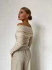 FJØRNA women's ribbed knit off-shoulder top with mock neck, stylish and cozy for casual wear, shown in soft fabric detail