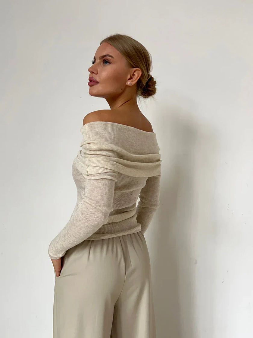 FJØRNA women's ribbed knit off-shoulder top with mock neck, stylish and cozy for casual wear, shown in soft fabric detail