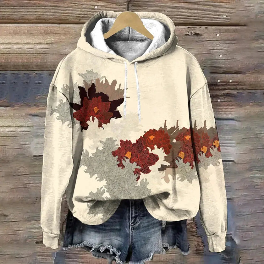 Susan | Women's Relaxed-Fit Floral Print Hooded Sweater with Ribbed Cuffs for Layering