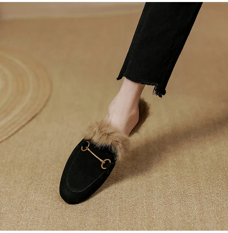 FJØRNA women's fur mule slippers with plush lining, slip-on shoes featuring a cozy, luxurious design for indoor wear.