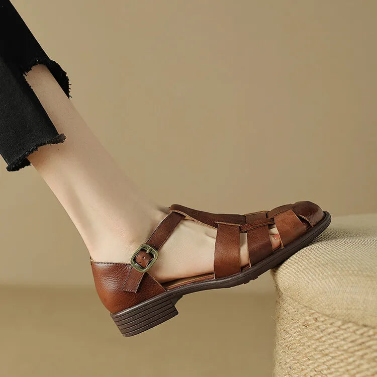 Brown Italian leather adjustable strap sandals for women by FJØRNA, featuring a classic open-toe design and comfortable fit.