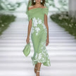 FJØRNA floral off-shoulder elegant midi dress for women, showcasing a flowy design with a stylish floral pattern.
