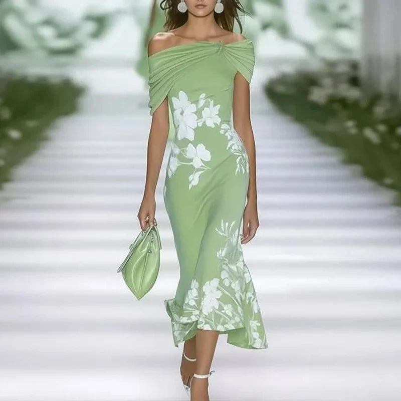 FJØRNA floral off-shoulder elegant midi dress for women, showcasing a flowy design with a stylish floral pattern.