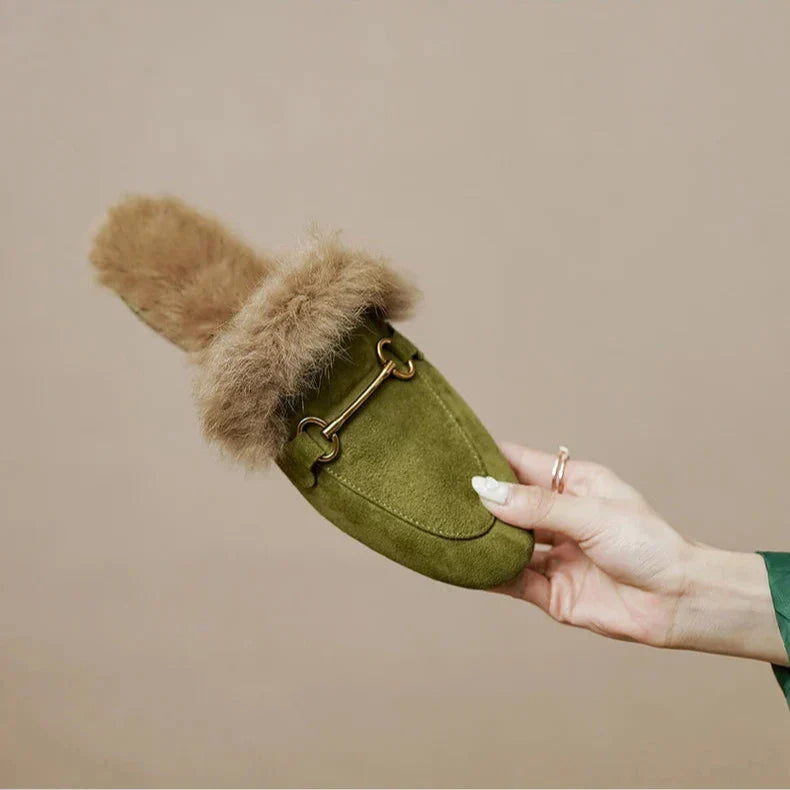 FJØRNA women's plush fur mule slippers with slip-on design and cozy lining, ideal for indoor comfort and luxury footwear.