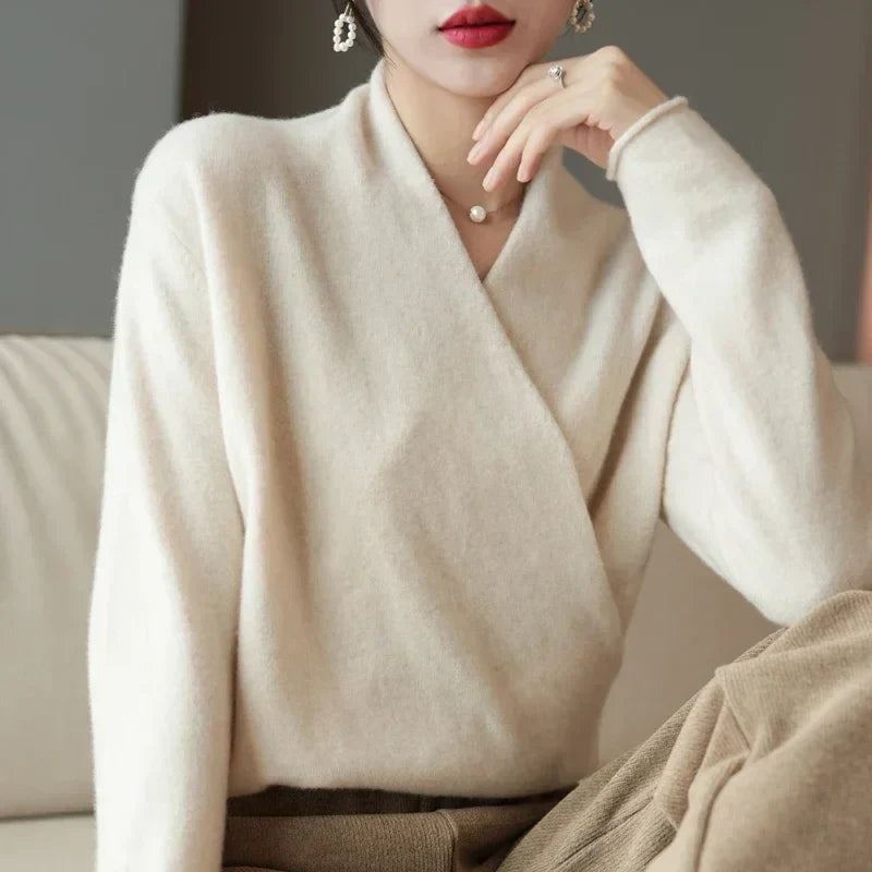 Wool Knit Sweater Women Cross-Bust Round Neck Long Sleeve