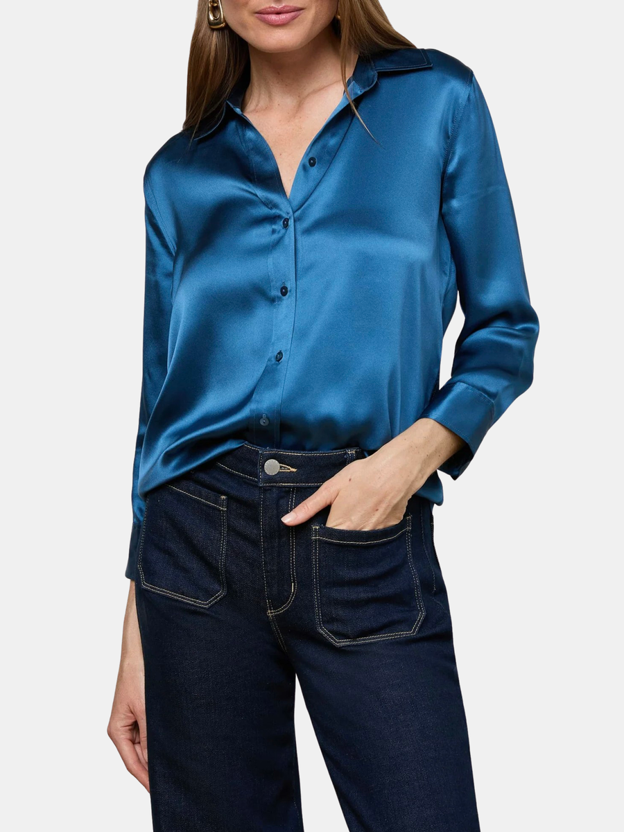 Silk Button-Down Blouse with Three-Quarter Sleeves for Women | Dani