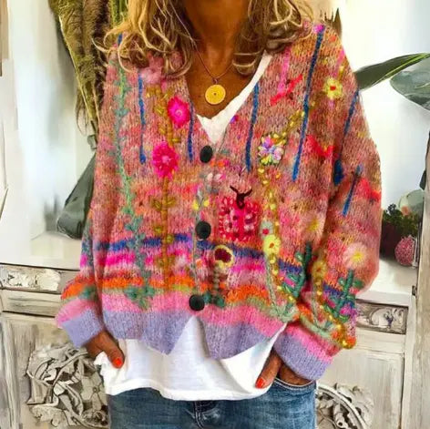 Evie | Women's Relaxed-Fit Knit Cardigan with Floral Abstract Print for Layering