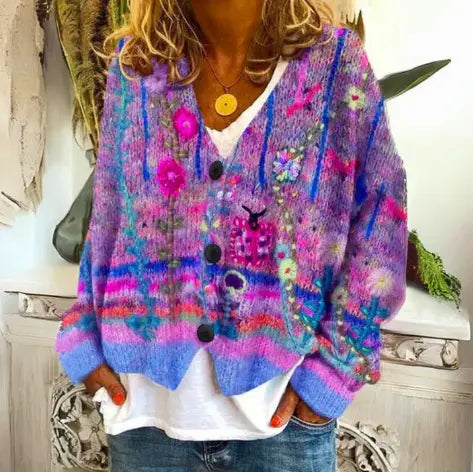 Evie | Women's Relaxed-Fit Knit Cardigan with Floral Abstract Print for Layering