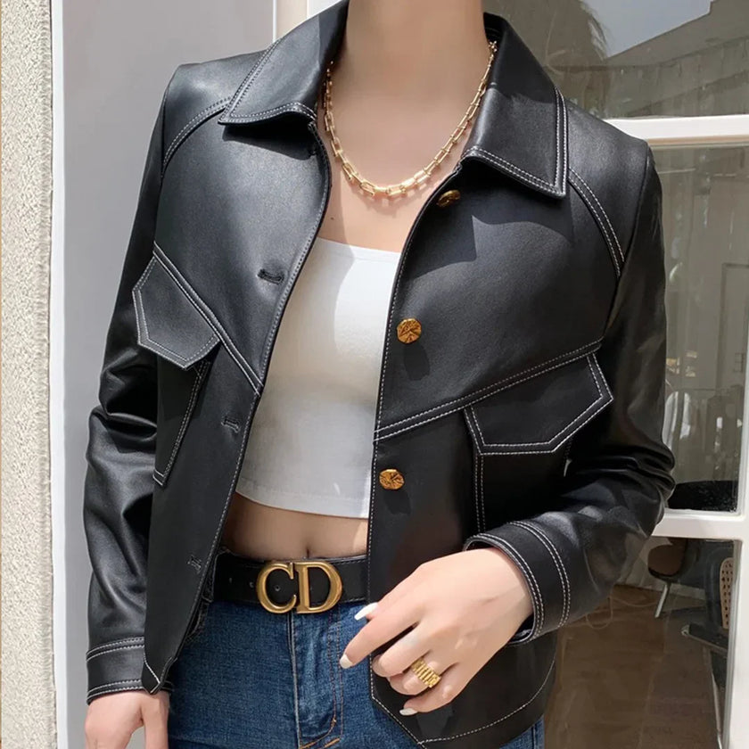 Faux Leather Jacket Women Utility Turn-Down Collar