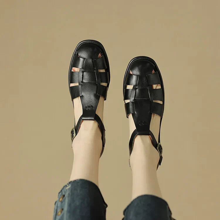 FJØRNA women's brown Italian leather adjustable strap sandals with open toe and chunky heel, stylish and comfortable footwear.