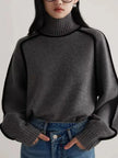 Turtleneck Sweater Women Contrast Seam Relaxed Fit