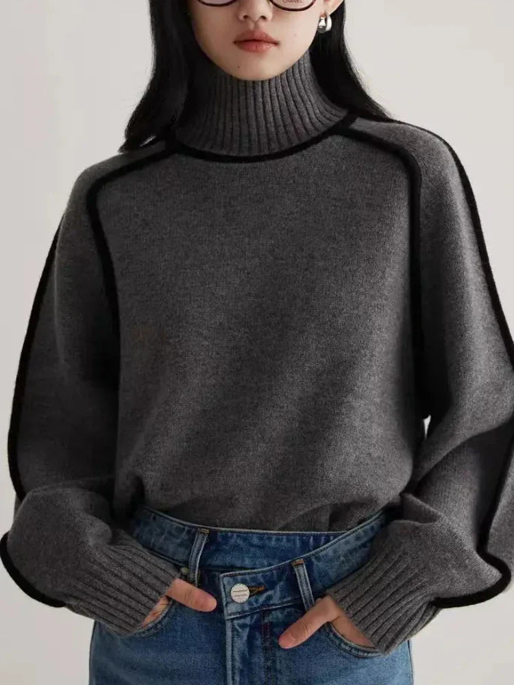 Turtleneck Sweater Women Contrast Seam Relaxed Fit
