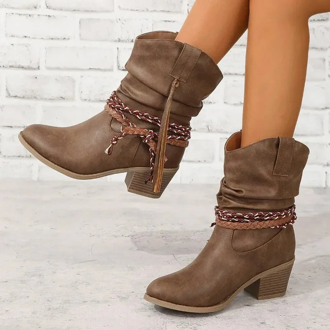 Western Boots Braided Slouchy Mid Calf Cowboy Boots | Ulla