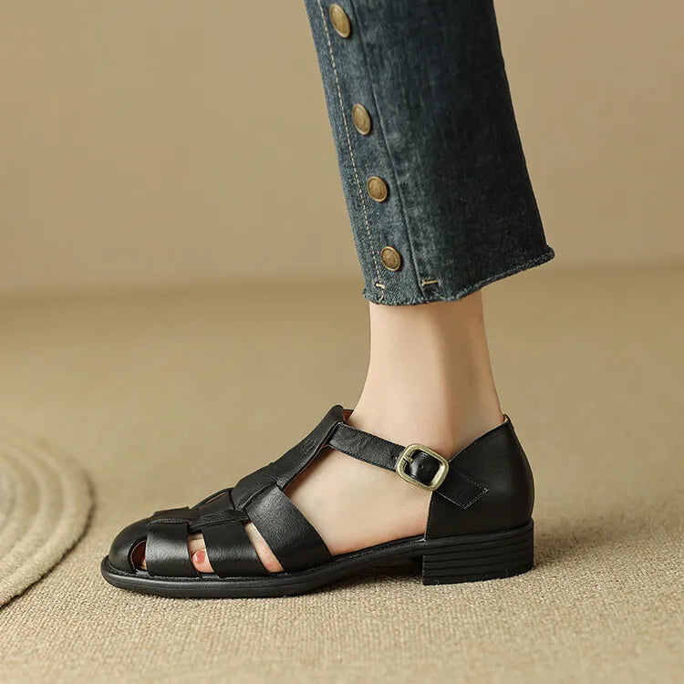FJØRNA women's Italian leather adjustable strap sandals in brown leather, showcasing the stylish and comfortable shoe design.