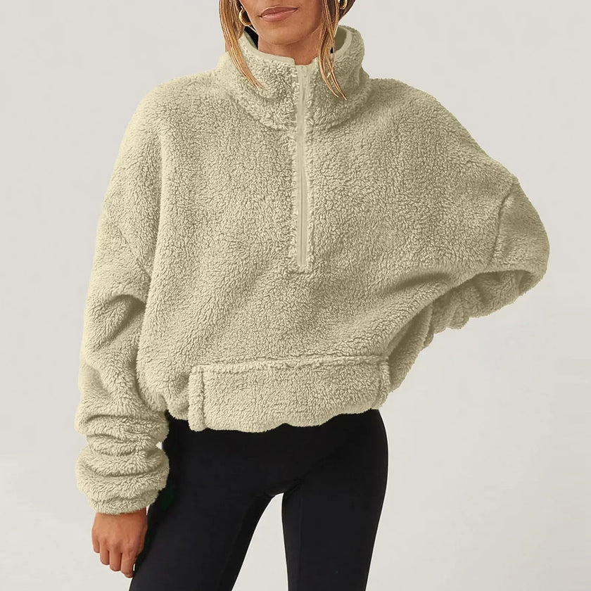 Plush Sweater Women Half Zip High Collar Relaxed Fit