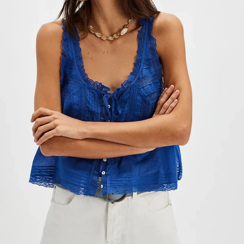 FJØRNA lace cami top for women with front tie, lightweight and elegant lace women’s top ideal for stylish casual wear