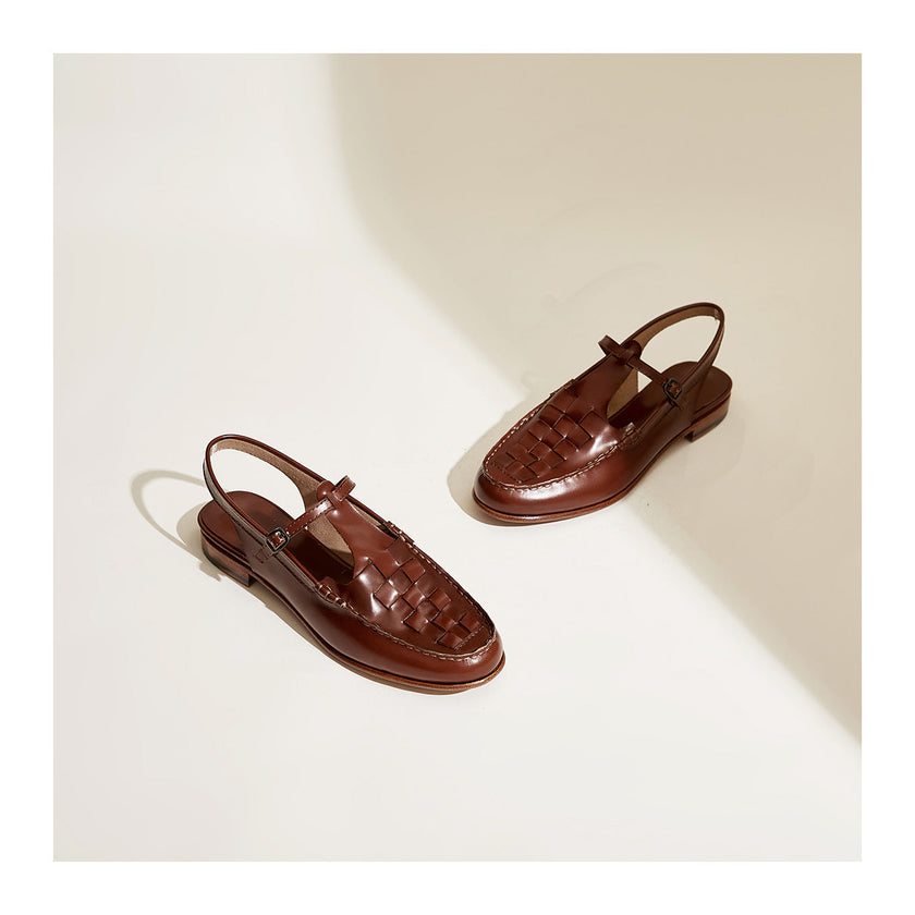 FJØRNA women's brown leather woven slingback sandals showcasing stylish design and comfortable straps.