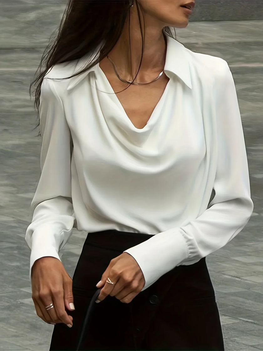 FJØRNA women's white satin cowl-neck long-sleeve blouse, elegant top with draped neckline and smooth fabric for a stylish look.