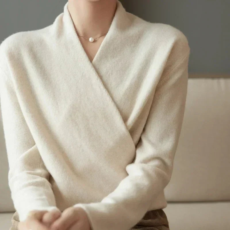 Wool Knit Sweater Women Cross-Bust Round Neck Long Sleeve
