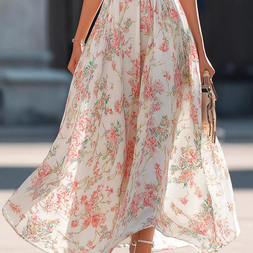 FJØRNA Fiona Flowy Halter Maxi Dress in white, lightweight fabric, with a flowing silhouette and halter neckline, perfect for summer wear.