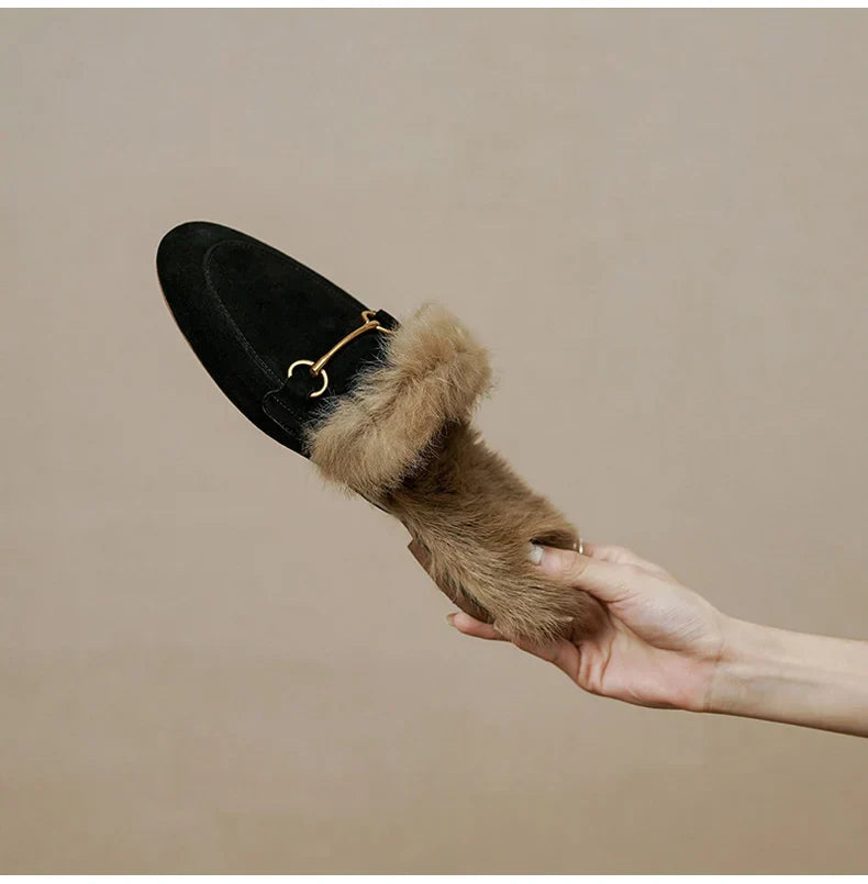 FJØRNA women's fur mule slippers with plush lining, slip-on design, cozy luxury shoes for women.