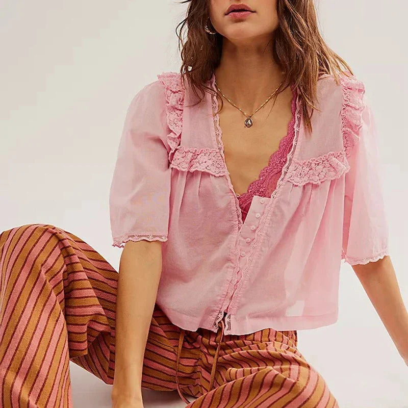 FJØRNA cream cropped cotton blouse with lace trim, women's white top featuring delicate lace details and a relaxed fit.