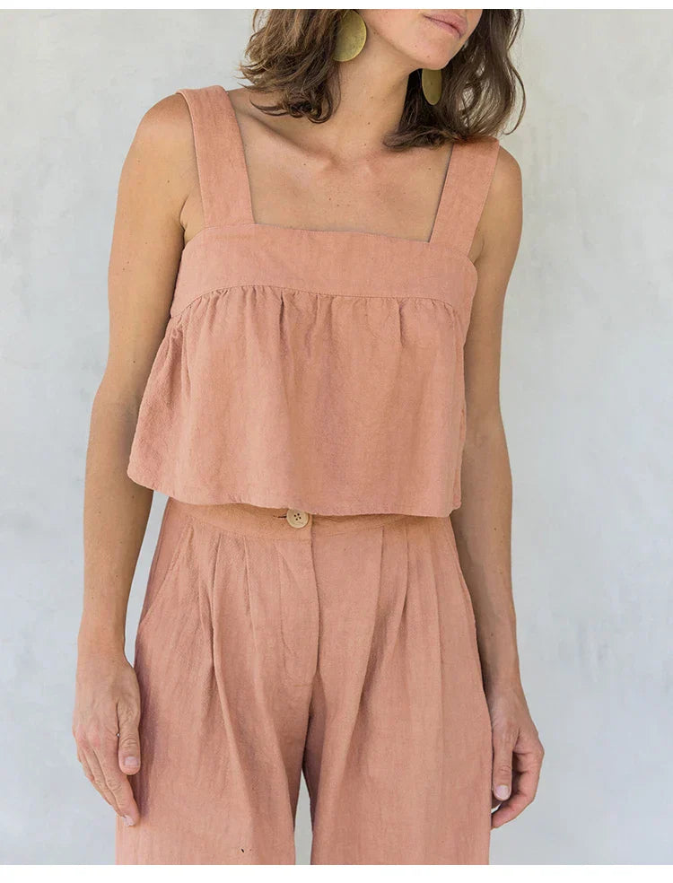 FJØRNA women's linen cropped culotte trousers with wide-leg design, lightweight and breathable for a stylish, comfortable look.