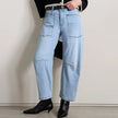 FJØRNA women's denim barrel leg jeans, casual pants with a relaxed fit, shown on a model with a neutral background.