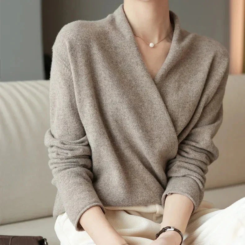Wool Knit Sweater Women Cross-Bust Round Neck Long Sleeve