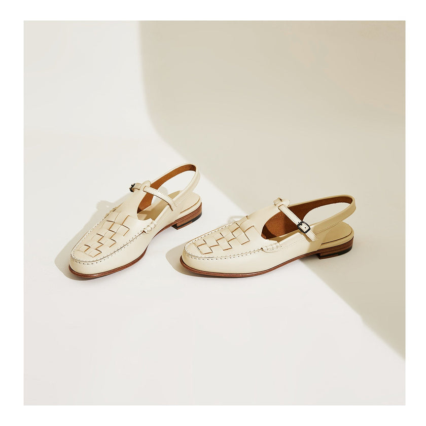 FJØRNA Italian leather woven slingback sandals in brown for women, showcasing the stylish woven design and open heel.