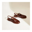 Brown Italian leather woven slingback sandals for women by FJØRNA, featuring stylish woven design and open heel.