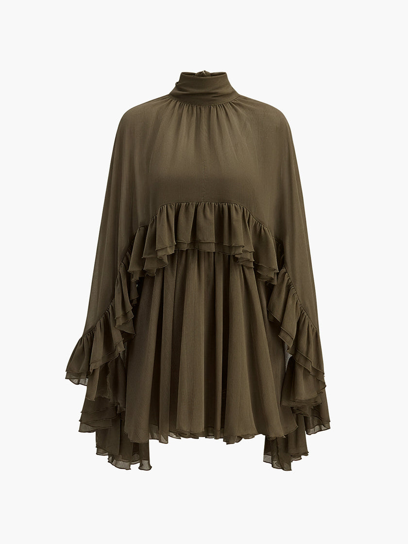 FJØRNA women’s ruffle chiffon mini dress with high neck, long sleeves, layered fit, ideal for cocktail parties.