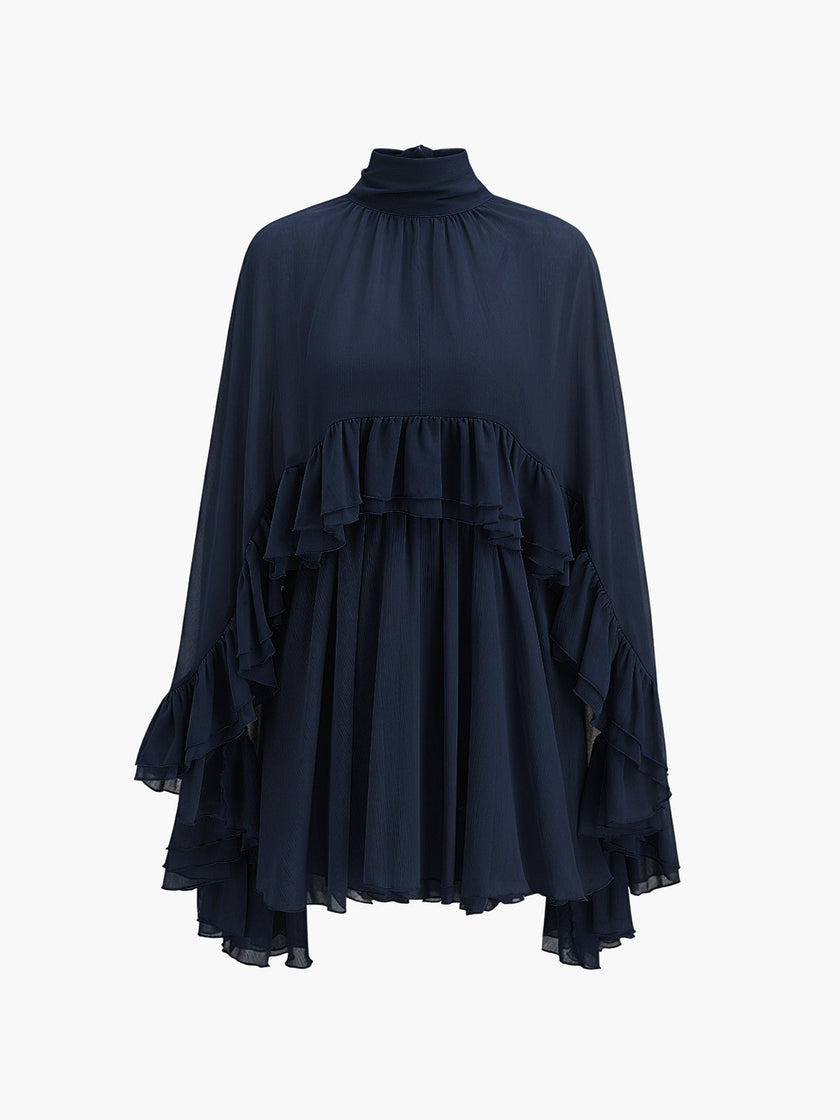 FJØRNA ruffle chiffon mini dress with high neck, long sleeves, layered fit, perfect for cocktail or party occasions.