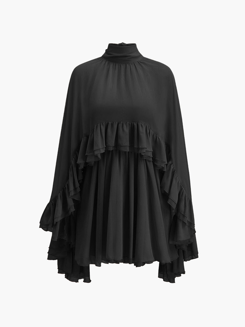 FJØRNA women's ruffle chiffon mini dress with high neck, long sleeves, layered fit, suitable for cocktail and party occasions.
