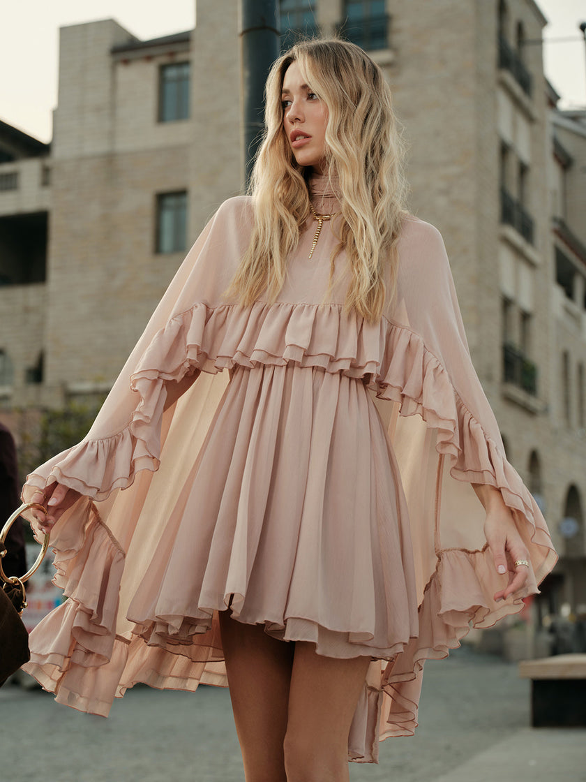 FJØRNA women's chiffon mini dress with ruffles, high neckline, long sleeves, and layered fit, perfect for cocktail parties.