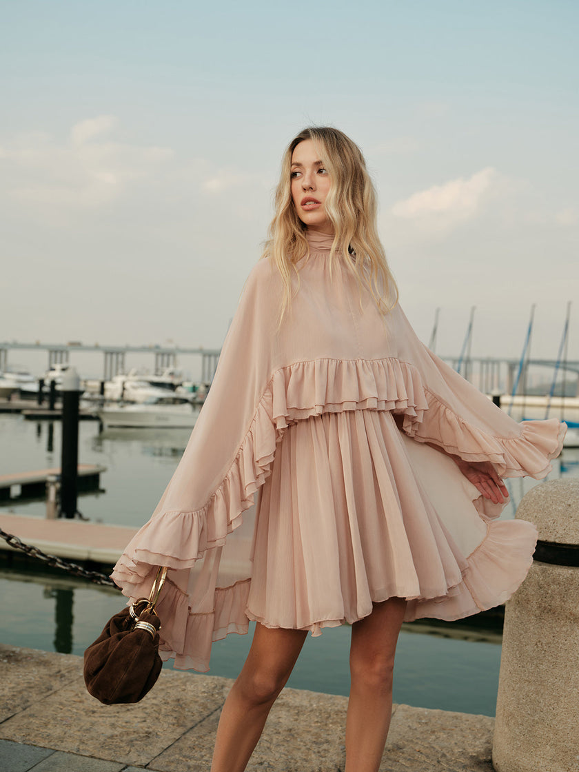 Ruffle Chiffon Mini Dress with High Neck and Layered Fit