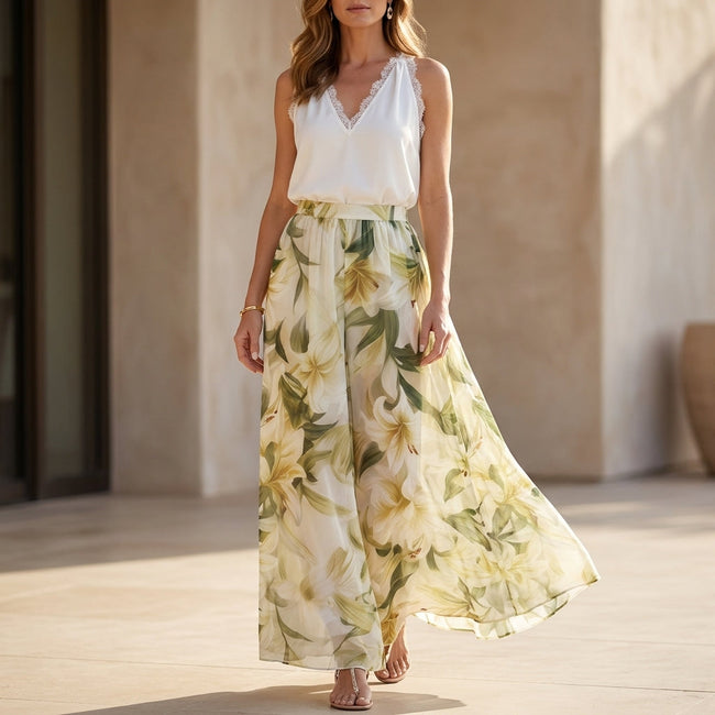 FJØRNA women's elegant two-piece floral wide-leg co-ord set with halter neck, perfect for stylish summer or casual wear.